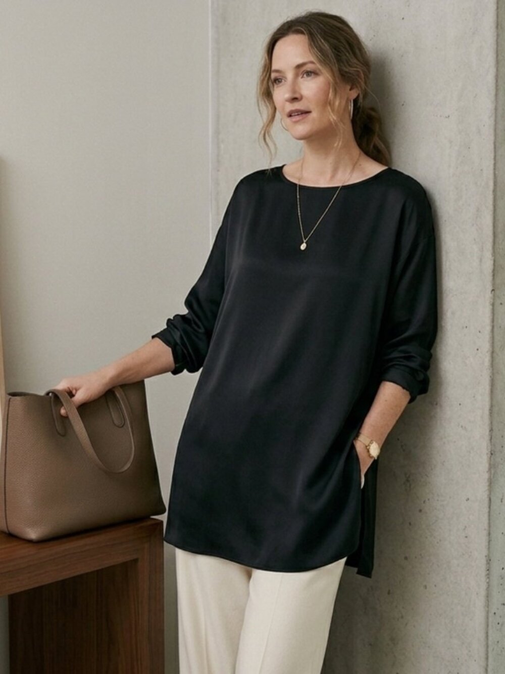 Eileen Fisher Black 100% Silk Tunic Top Boatneck Side Slit Small S EUC